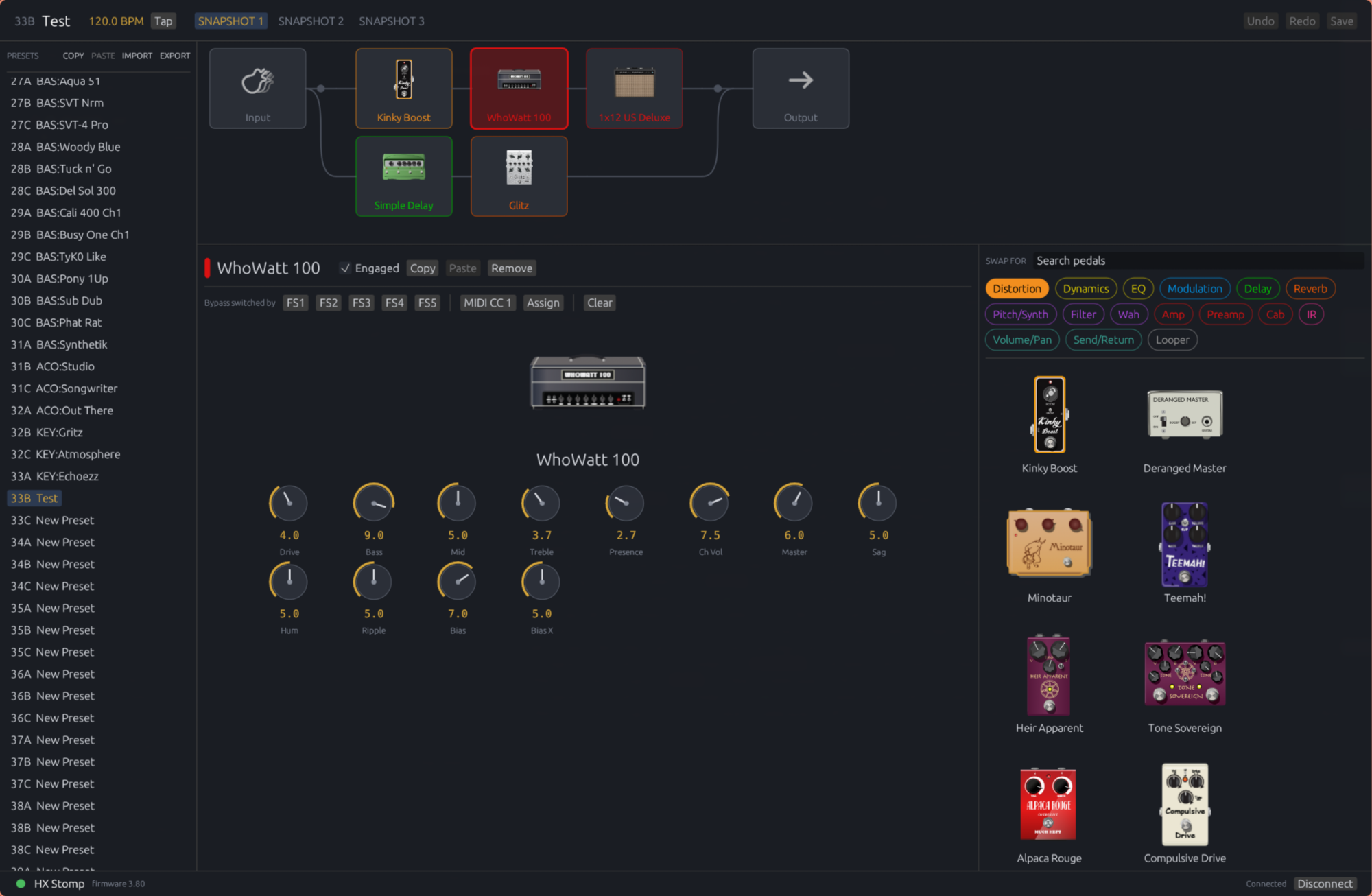 stompchain editing a preset on an HX Stomp: a drive, amp and cab on the main line with a delay and reverb on a parallel branch